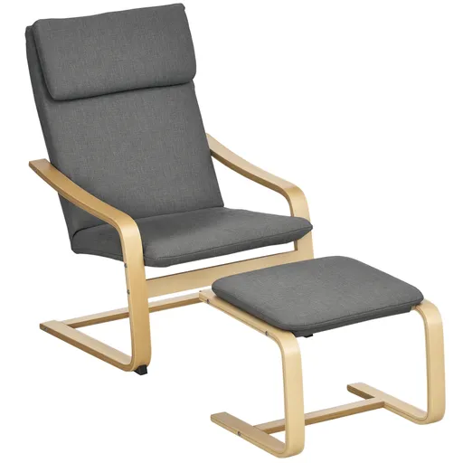 HOMCOM Fotoliu cu taburet, Set de fotolii, Aspect de in, Lemn masiv, Gri + Natur | Aosom Romania