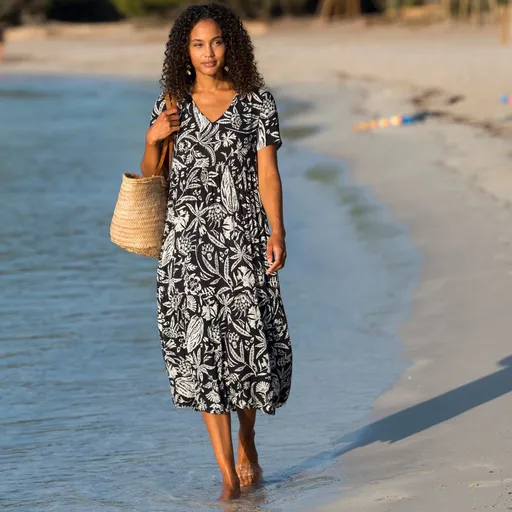 Rochie lungă Crepon cu decolteu în V și imprimeu