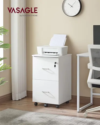 Dulap de birou cu 2 sertare pentru dosare si roti, Vasagle, 43x44.5x72 cm, MDF/PAL, alb