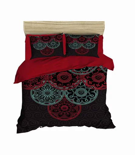 Lenjerie de pat dubla King (FR), 3 piese, L'essentiel Maison, 462, Red / Black / Mint
