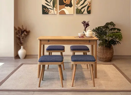 Set masa extensibila si scaune, Hanah Home, Vina Mini 05 1048, Stejar / Albastru închis