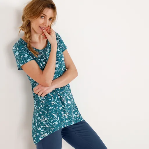 Cămașă asimetrică cu mânecă scurtă, smarald cu flori