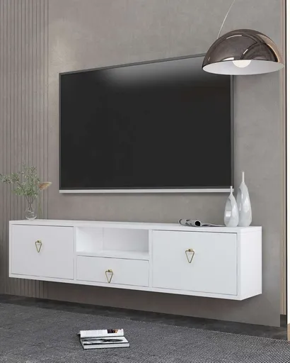 Comoda TV, Hanah Home, 1303-DROP-1, 140x30x30 cm, PAL , Alb/Auriu