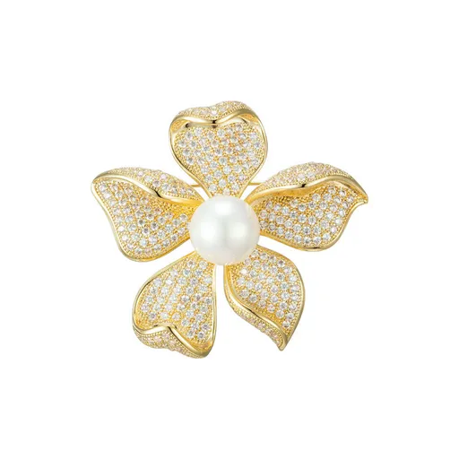 Troli Broșă elegantă placată cu aur cu perlă artificială și cristale Gold