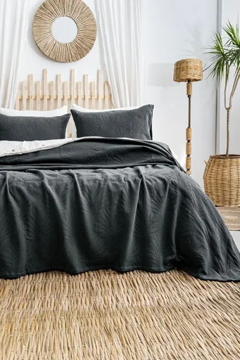 Set cuvertura de pat dubla 3 piese, L'essentiel Maison, Silvia, Bumbac, Antracit