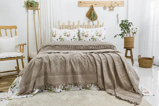 Set cuvertura pique dubla, L'essentiel Maison, Viola, Bumbac, Bej