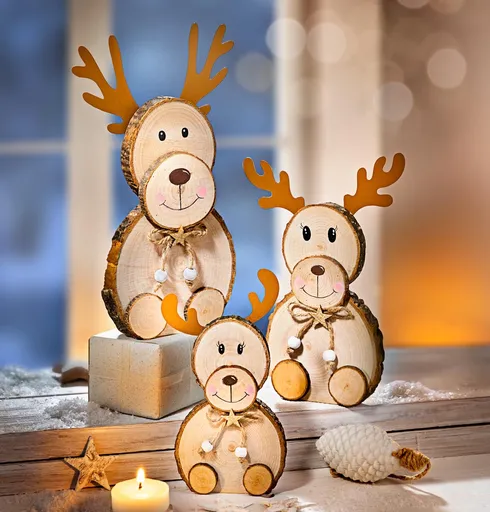 Decorațiuni din lemn Familia renilor, set 3 buc.