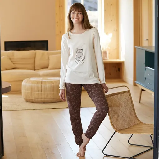 Pijama cu volane și imprimeu pisică