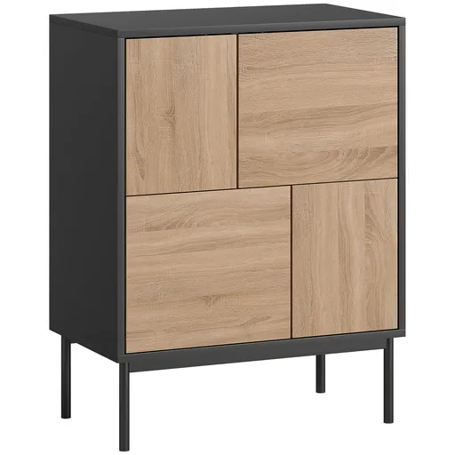 HOMCOM Sideboard cu uși push-to-open, dulap pentru sufragerie cu picioare metalice, dulap de bucătărie, MDF, Negru+lemn natural | Aosom Romania