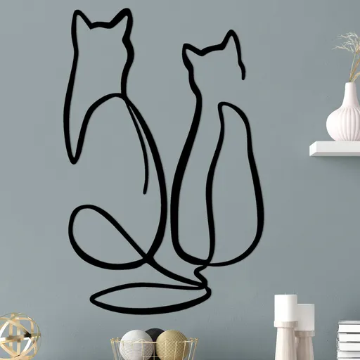Decoratiune de perete, Couple Cat Love, Dimensiune: 72 x 0,15 x 48 cm, Negru