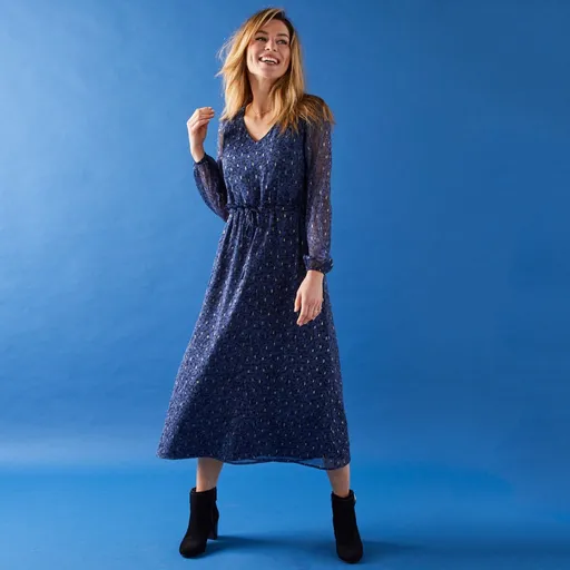 Rochie lungă din voal, cu imprimeu auriu