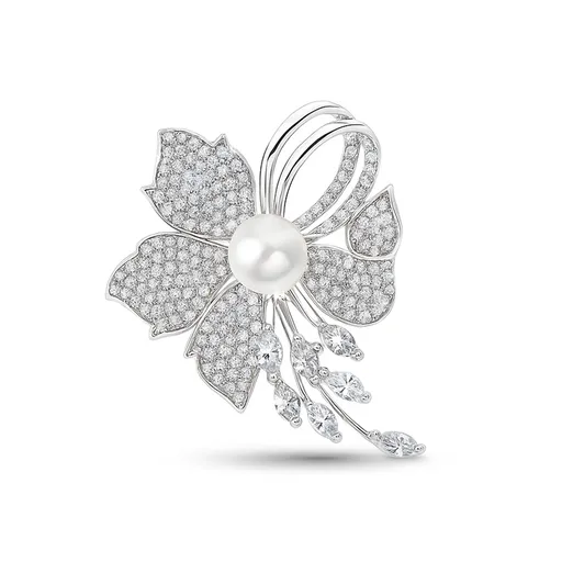 Troli Broșă in formă de floare strălucitoare cu perlă artificială Silver