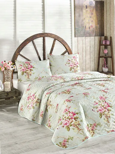 Set cuvertura matlasata Single 160x220 cm, 2 piese, L'essentiel Maison, Alanur, Mentă / Roz / Galben / Verde