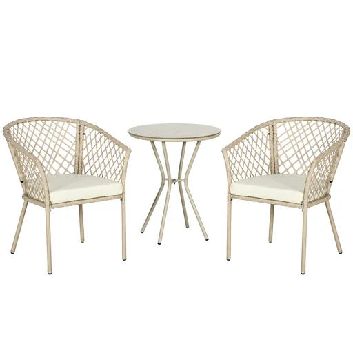 Outsunny Set Mobilier de Grădină din Ratan PE, Set Bistro 3 Piese cu Masă de Sticlă și Perne Moi, Mobilier de Conversație | Aosom Romania
