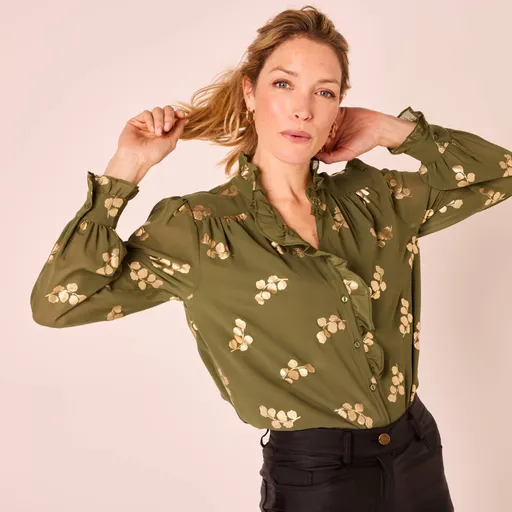 Bluză cu volane și imprimeu auriu