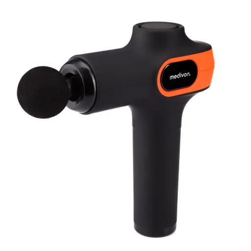 Pistol de masaj Medivon Gun Vital, 18W, Percutie/ masaj cu vibratii, 6 masaje, Incalzire, Drenaj limfatic, Negru / portocaliu