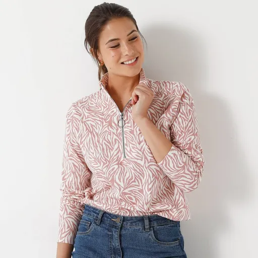 Tricou cu guler înalt, fermoar și imprimeu