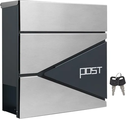 Cutie postala Modern Post Box, Songmics, 37x10.5x37 cm, cu suport ziare, otel acoperit cu pulbere, argintiu/antracit