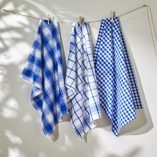 Set de 3 prosoape de bucătărie cu imprimeu în carouri, fibre vopsite, albastru