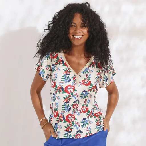 Tricou cu decolteu în V, imprimat, cu ornamente strălucitoare