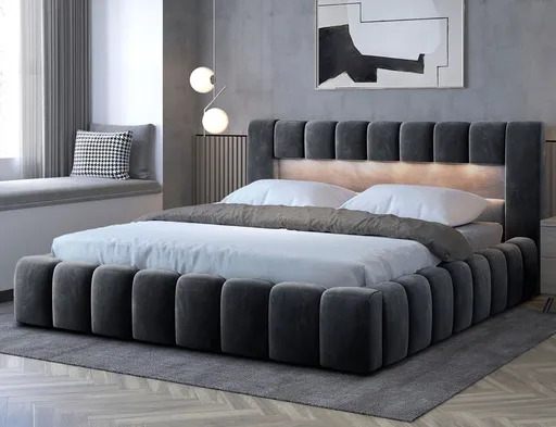 Pat tapitat cu somiera si lada depozitare, 160x200 cm, ELTAP, Lamica, lemn/poliester, gri inchis