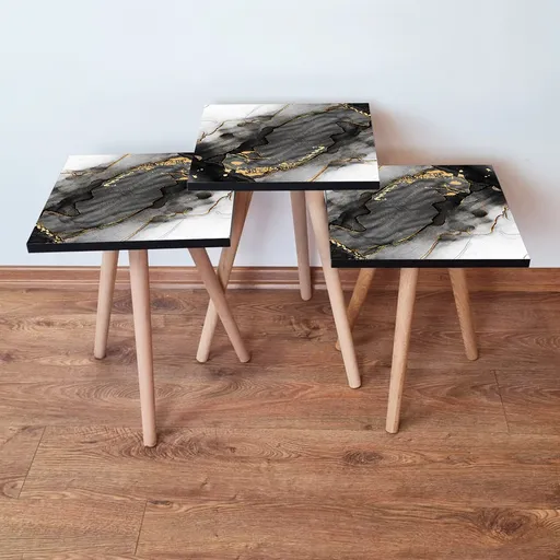 Set masute 3 piese, Hanah Home, 3Shp391, Negru / Alb / Auriu