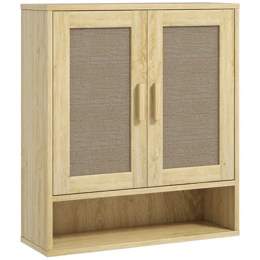 HOMCOM Mobilier de baie de perete dulap wc suspendat cu uși duble și raft deschis 59 x 20 x 66,5 cm efect lemn de stejar | Aosom Romania