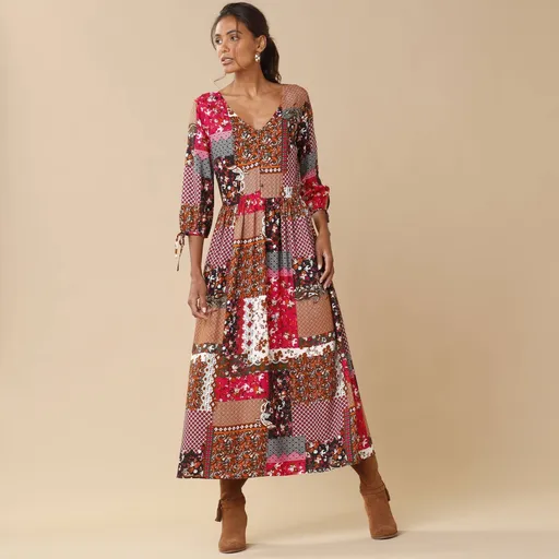 Rochie lungă cu decolteu în V și imprimeu patchwork