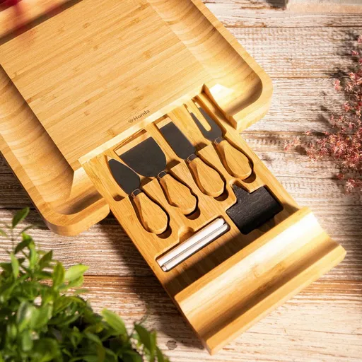 Platou pentru servire cu boluri si cutite Rumi, Homla, 33x33 cm, lemn/inox, bej/alb