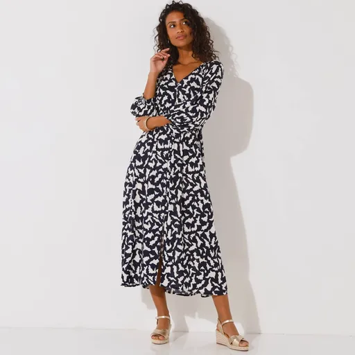 Rochie lungă, de culoare uni, din crepon cu nasturi, cu imprimeu în două tonuri