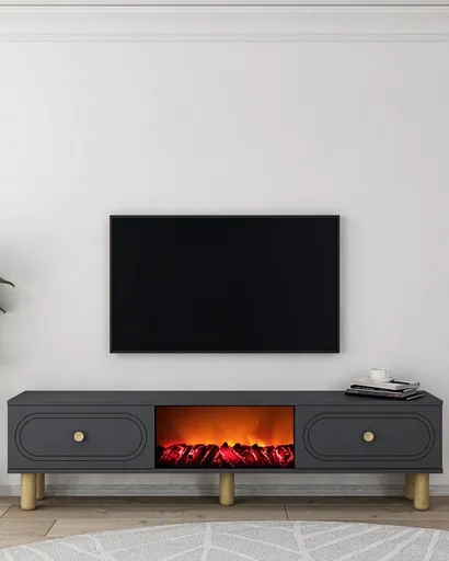 Comoda TV, Hanah Home, Polen Bohem Fireplace, 150x44.6x29.6 cm, PAL , Antracit