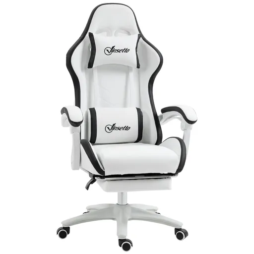 Vinsetto Scaun gaming scaun gaming cu spătar inclinabil la 135°, suport pentru cap și repose-pieds 65l x 65L x 121-129H cm alb și negru | Aosom Romani
