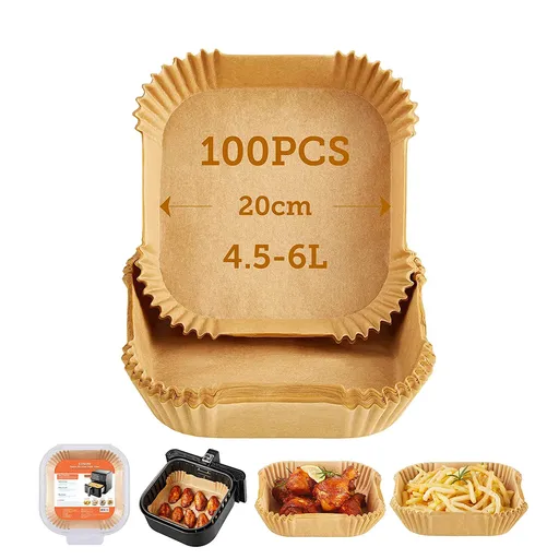 100 tavi din hartie pentru friteuze cu aer cald Cosori CLR-R601-NEU, 20 x 20 cm, Rezista pana la 230℃, Maro