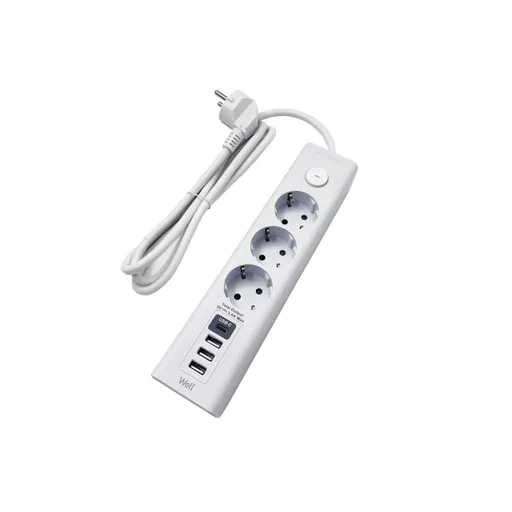 Prelungitor Well, 3 prize, 3m, 3x USB-A, 1x USB-C, cu intrerupator, cablu 3x1.5mmp