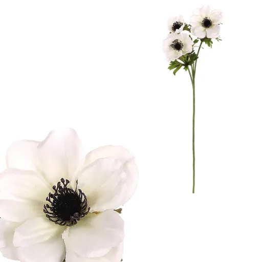 Floare artificială Sasanka, 3 flori, 15 x 15 x 55cm, albă, alb