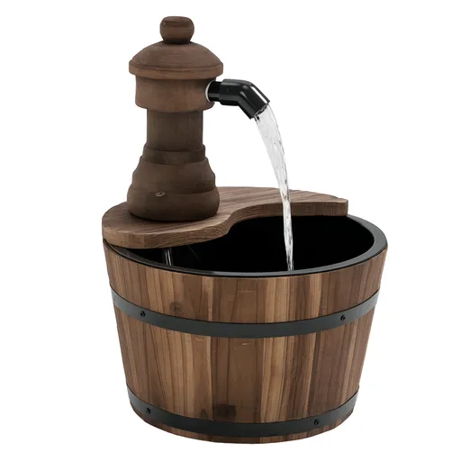 Outsunny Fântână de grădină în formă de butoi, Pompă de Apă Submersibilă Inclusă Ø 27 x 37 Î lemn de pin Maro | Aosom Romania