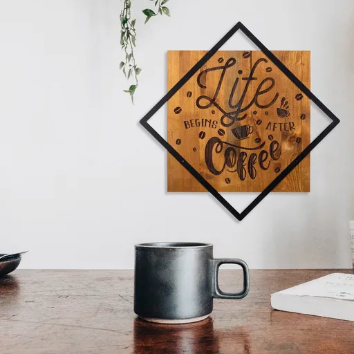 Decoratiune de perete, Life Begins After Coffee, Dimensiune: 54 x 54 cm, Nuc / Negru
