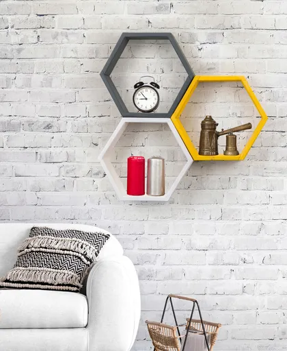 Raft de perete, Hanah Home, Elfo, 58x38x9 cm, Alb / Antracit / Galben
