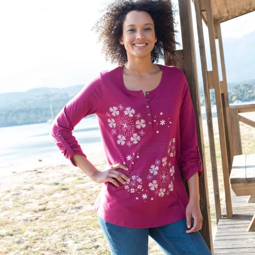 Tunică cu decolteu cu nasturi și imprimeu