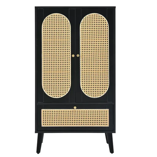 Comodă compactă, design din ratan, 2 uși, 1 sertar, 60×40×110,5 cm, Negru