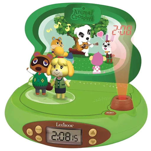 Ceas copii 3D cu proectie Lexibook Nintendo Animal Crossing RP500AC, Alarma, 4 efecte, Verde/Maro
