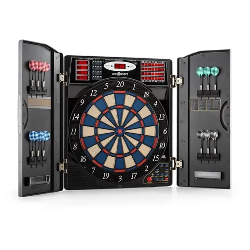 OneConcept Masterdarter, aspect lemn, țintă de darts, automat de darts, cu vârf moale și uși.