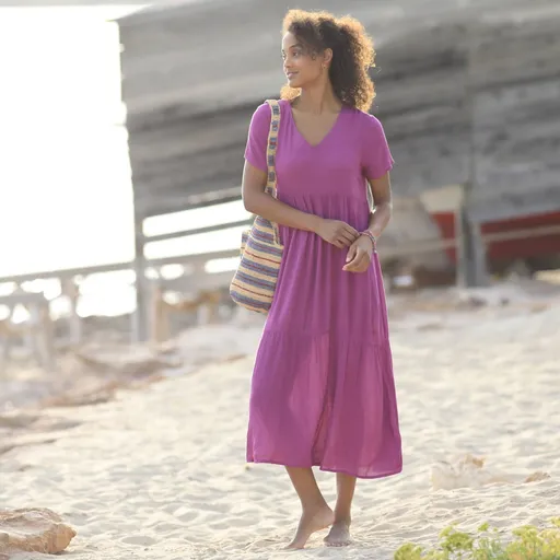 Crepon rochie lungă monocromă cu decolteu în V