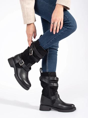 Botine negre pentru femei, la modă, pe un toc lat