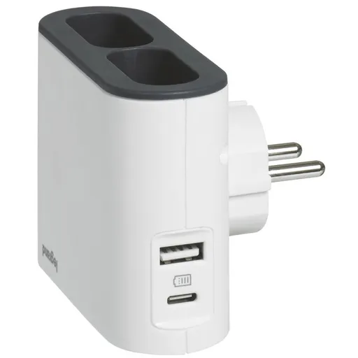 Adaptor 2 prize + USB A+C Legrand 049401, 6 A, contact de protectie, protectie copii, iesire laterala 049401