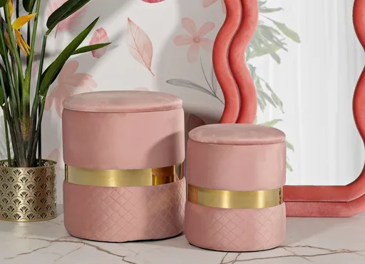 Set 2 taburete cu spatiu depozitare Sheffild, Mauro Ferretti, 37x42 cm, 28x35 cm, fier/MDf/poliester, roz