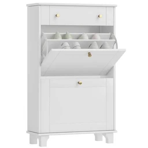 HOMCOM Dulap Pantofi de intrare îngust cu sertare cu uși basculante și raft ajustabil, 60 x 23,5 x 98,5 cm, alb | Aosom Romania