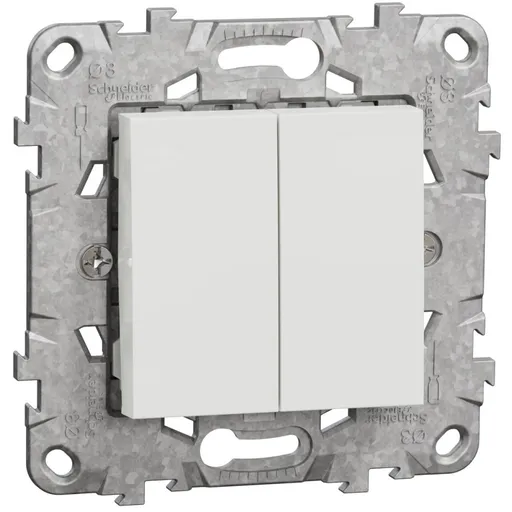 Intrerupator dublu 10A cu suport fixare si gheare Schneider Noua Unica NU521118Z, alb