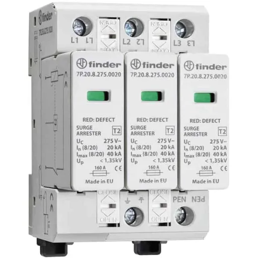Descarcator la supratensiune, 3+0, debrosabil fara semnalizare, 3P, tip C, 275VAC Finder 7P.23.8.275.0020