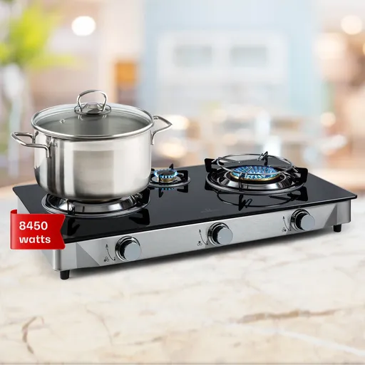 Klarstein Barzona 3, aragaz de camping, 3 arzătoare, 3,4 kW, 0,75 kW și 4,3 kW, blat de sticlă și capac din oțel inoxidabil